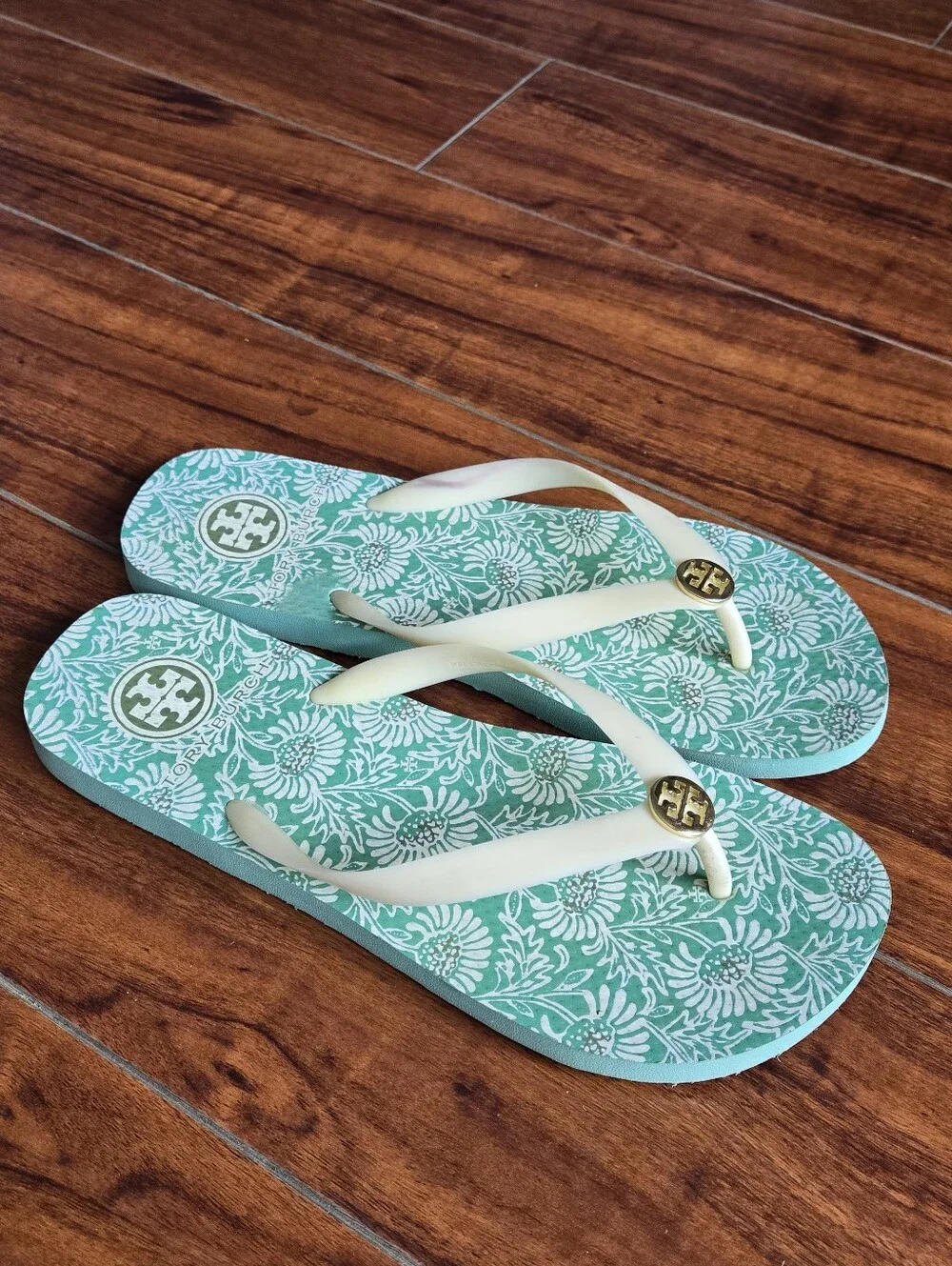 Tory Burch Logo Floral Green & Cream Flip Flops